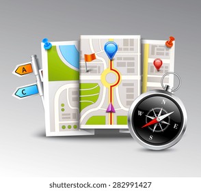 Navigation realistic background with compass map and distance points vector illustration