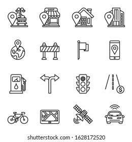 Navigation Related, Contains such Icons as World Map, Office Location, Navigator, Traffic Light, Road Works, Direction, POI and more. Thin line style stock vector.