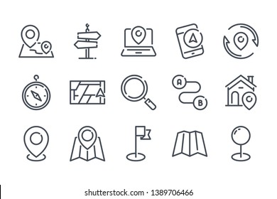 Navigation related line icon set. Location and direction linear icons. Destination outline vector signs and symbols collection.