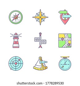 Navigation RGB color icons set. Geographical location positioning, cartography. Marine, aeronautic, celestial and land navigation. Isolated vector illustrations
