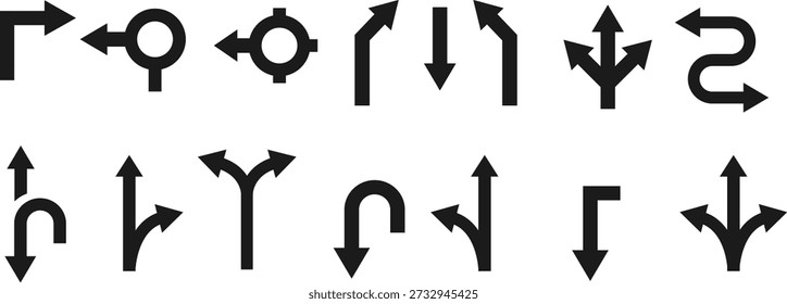 Navigation Road Arrows Set. Straight turn and u-turn icons. Highway Direction Icons. GPS and map direction symbols. Traffic and logistics signs

