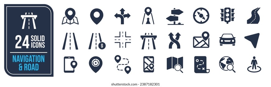 Colección de iconos sólidos de la ruta y de navegación. Contiene iconos de mapa, ruta, señalización vial, autopista, etc. Para diseño de marketing de sitios web, logotipo, aplicación, plantilla, ui, etc. Ilustración vectorial.