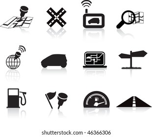 navigation road travel collection of icons silhouette  set