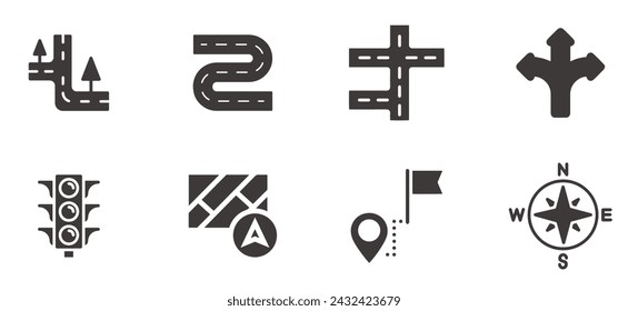 Navigation and roads related editable flat icons set isolated on white background.