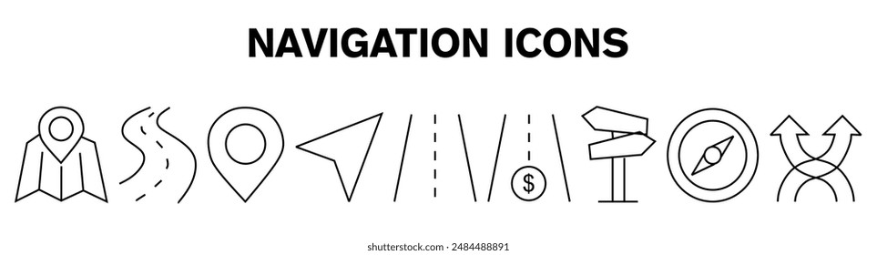 Navigation and roads related editable stroke outline icons set isolated on white background flat vector illustration.