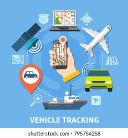 Navigation round composition of isolated silhouette pictograms and colourful icons of vehicles maps and tracking facilities vector illustration