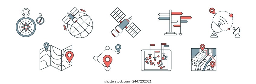 Navigation and Route Direction Simple Line Icon Vector Set