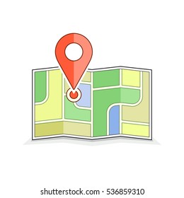 Navigation and route illustration. Map with pointer pin symbol. Vector icon for address and contact web page. Geo pin icon