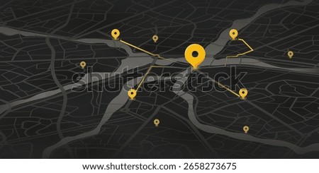 Navigation route map. GPS tracking system to navigate around the city landmarks. Abstract city map with connected yellow location pins representing navigation route. Vector illustration