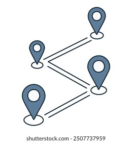 Navigationsroute mit Kartenzeigern. Illustrieren Sie Ihr Projekt mit diesem Bild eines mit Standortzeigern markierten Fahrweges, der sich ideal für Reise-, Logistik- oder Lieferkonzepte eignet.