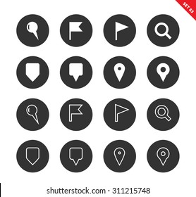 Navigation and route vector icons set. Direction concept. Icons of places, areas and points, flags, searching sign, map pointers. Isolated on white background