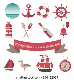 navigation and sea icons and elements with an anchor, the ships,