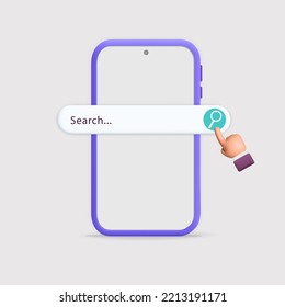 Navigation search for browser in internet on smartphone mockup 3d vector design. Realistic render search bar for website on mobile phone screen with pointing, clicking hand.