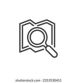 Icono de la línea de búsqueda de navegación. signo de estilo lineal para concepto móvil y diseño web. Mapa de papel e icono del vector del contorno de la lupa. Símbolo, ilustración del logotipo. Gráficos vectoriales