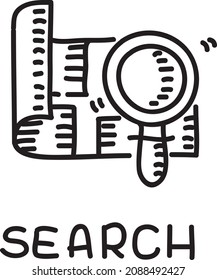 Navigation search. Magnifying glass is over the map. Sketchy hand-drawn vector illustration.