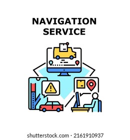 Navigation Service Vector Icon Concept. Navigation Service Technology For Searching Parcel Shipping And Delivery, Smartphone Application For Signalizing Of Traffic Jam On Road Color Illustration