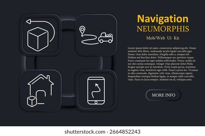 Ícone do conjunto de navegação. Cubo 3D com seta, caminhão de entrega, casa, smartphone com indicador de rota tudo estilizado em arte linear branca em ícones quadrados escuros neumorfos