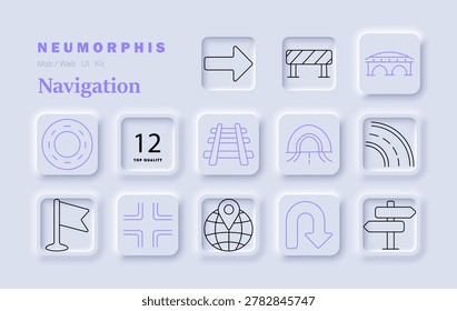 Navigation set icon. Arrow, barrier, bridge, roundabout, railway, tunnel, road, curve, flag, crossroads, location, turnaround, signpost, route, direction, transport.