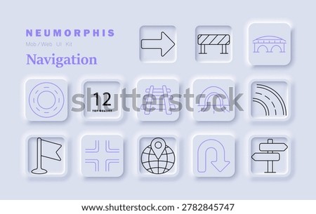 Navigation set icon. Arrow, barrier, bridge, roundabout, railway, tunnel, road, curve, flag, crossroads, location, turnaround, signpost, route, direction, transport.