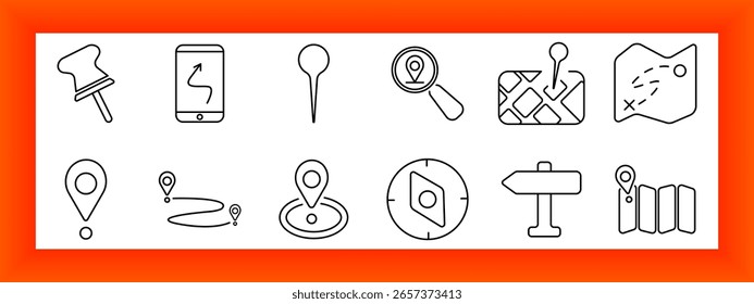 Icono de conjunto de navegación. Incluye pin, App de ruta, marcador, lupa, mapa, direcciones, brújula, señal, camino, zoom, ubicación de viaje, pista, búsqueda, GPS, punto de alfiler, diseño.