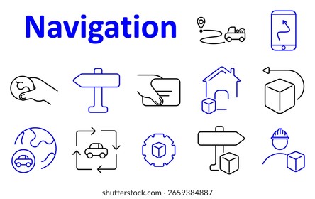Ícone do conjunto de navegação. Inclui placa de sinalização, rota, pacote, mapa de telefone, setas, globo, casa, caixa de retorno, caminhão de entrega, cartão de identificação, engrenagem, cubo, chapéu rígido, ponteiro