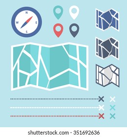 navigation set. map location icons (map, compass, map pointer). vector illustration