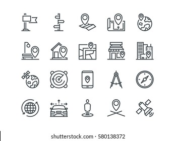 Navigation. Set of outline vector icons. Includes such as Satellite, Index, Map and other. Editable Stroke. 48x48 Pixel Perfect