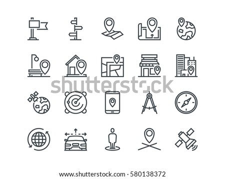 Navigation. Set of outline vector icons. Includes such as Satellite, Index, Map and other. Editable Stroke. 48x48 Pixel Perfect