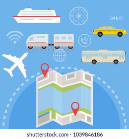 Navigation set of passenger transport with locations and labels on the map. A set of passenger transport. Flat design, vector illustration, vector.