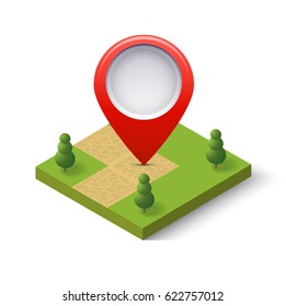 A navigation sign and pin symbol on city urban map indicating the location and direction