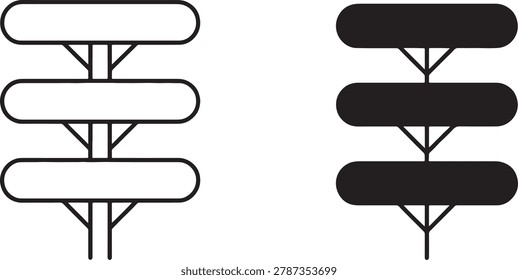 Navigation signpost vector including empty planks for custom text. Directional wooden post icons in outline and flat silhouette styles. Wayfinding board graphics for travel guides and outdoor maps. Professional information signage design for park paths and hiking trails in minimalist look.