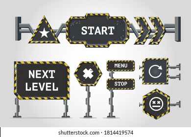 Navigation signs. Metal user interface elements set. Cyber punk style banner collection. Video games concept vector illustration. Futuristic frame boards.
