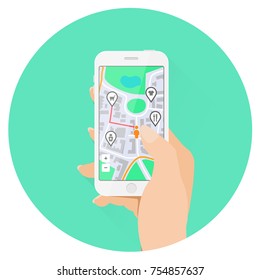 navigation smartphone with hand flat design