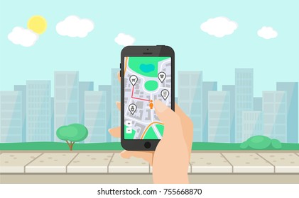 navigation smartphone with hand flat design