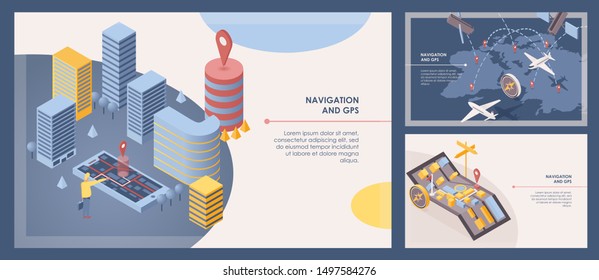 Navigation software banner vector templates set. Mobile GPS application, smart positioning technology advertising posters layout. Maps and transportation isometric illustrations with text space