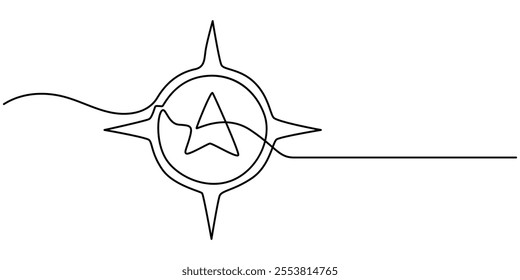 Navigation Software Continuous Line Editable Stroke Icon, Compass line continuous drawing vector. One line Compass vector background. Compass icon. Continuous outline of Compass. Compases linear.