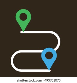 Navigation in space. A point on the map. Get directions. Route planning. Build route. The direction of itinerary. Starting point . Endpoint. Distance traveled. Orientation on gps. Vector illustration.