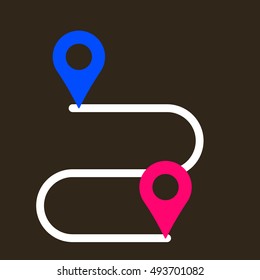 Navigation in space. A point on the map. Get directions. Route planning. Build route. The direction of itinerary. Starting point . Endpoint. Distance traveled. Orientation on gps. Vector illustration.