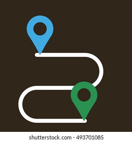Navigation in space. A point on the map. Get directions. Route planning. Build route. The direction of itinerary. Starting point . Endpoint. Distance traveled. Orientation on gps. Vector illustration.