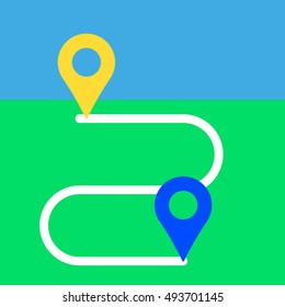 Navigation in space. A point on the map. Get directions. Route planning. Build route. The direction of itinerary. Starting point . Endpoint. Distance traveled. Orientation on gps. Vector illustration.