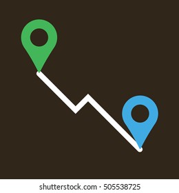 Navigation in space. A point on the map. Get directions. Route planning. Build route. The direction of itinerary. Starting point . Endpoint. Distance traveled. Orientation on gps. Vector illustration.