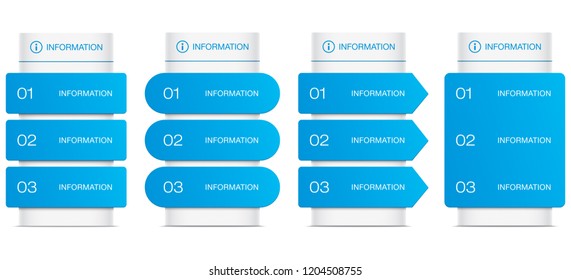 Navigation stands with arrows. Information boards vector set. Blue and white desk templates. Realistic mockup.