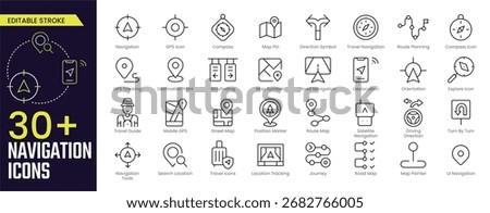 Navigation Stroke icon collections. Containing Navigation, GPS, Compass, Map, Travel Navigation, Explore, Street Map, Tracking, and Travel icons. Editable Stroke icon collection Outline icon