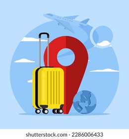 Navigation and suitcase for world tour travel planning with travel plans in summer. Suitcase location point marker and map or navigation pin icon in cloud. GPS pin icon vector rendering illustration