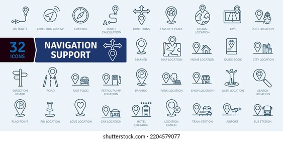 Navigation support icon pack. Collection of thin line icons that support digital navigation