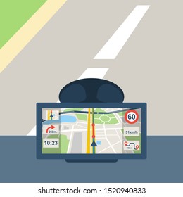 Navigation System Car. Dashboard With Gps. Vector Illustration Flat Design. Isolated On White Background. Map On Screen. The Tablet On The Car Glass.