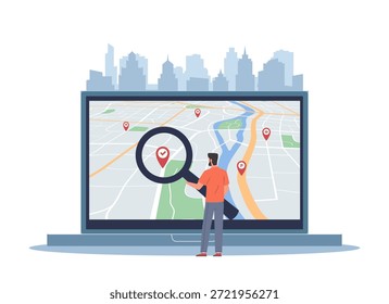 Sistema de navegación. Software de geolocalización, el hombre está buscando geo tag en el mapa de la ciudad, búsqueda de geolocalización en la pantalla del ordenador portátil con lupa y pines, navegación de la ciudad Vector de dibujos animados estilo plano concepto aislado
