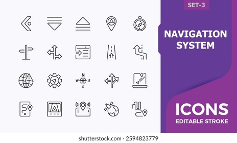 Navigation System icon set. It contains symbols to map, address, compass, gps, internet, destination, navigation, art. UI icon set in a thin design. Minimalist vector collections.