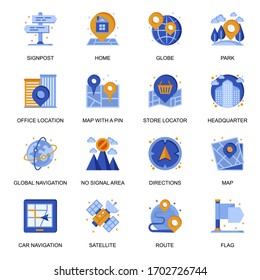 Navigation system icons set in flat style. Headquarter location, route and direction, no signal area, store locator, satellite and pinpointer signs. Global gps navigation pictograms for UX UI design.