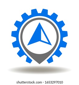 Logotipo del sistema de navegación. Vector de icono del engranaje del mapa de posición. Símbolo de viaje del navegador de carreteras.